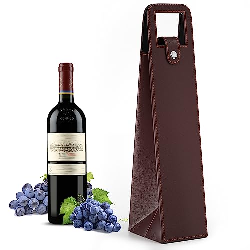 Brown Leather Single Bottle Wine Carrier Bag - Reusable Wine Tote