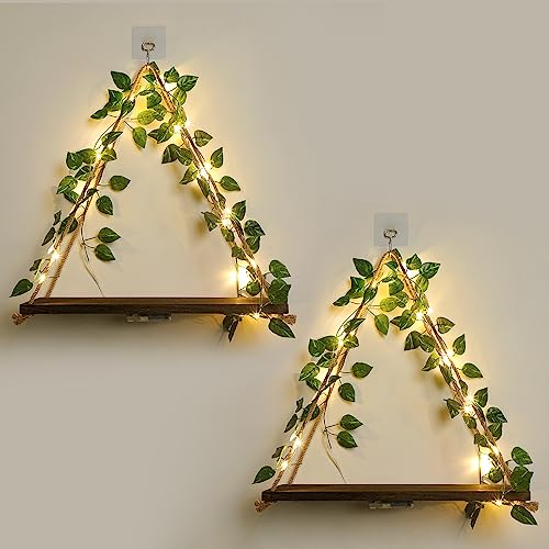 2-Pack Triangular Floating Wall Shelves with LED Lights and Ivy