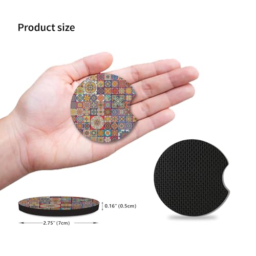 Adastrah Multicolor Boho Mandala Car Coasters 2-Pack, Absorbent Neoprene, 2.75 Inch with Finger Slot