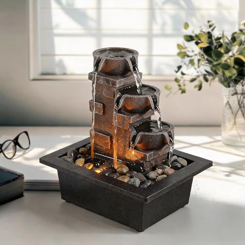 Tabletop Water Fountain with LED Lights & River Rocks - 3-Tier Zen Waterfall