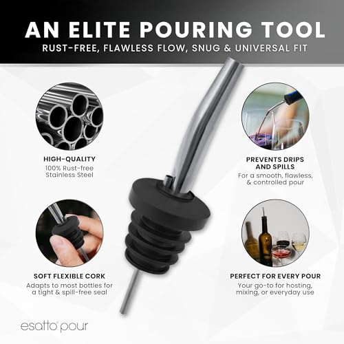 Esatto Stainless Steel Liquor Pourers 6 Pack with Dust Caps - Chrome, Leak-Proof, Drip-Free