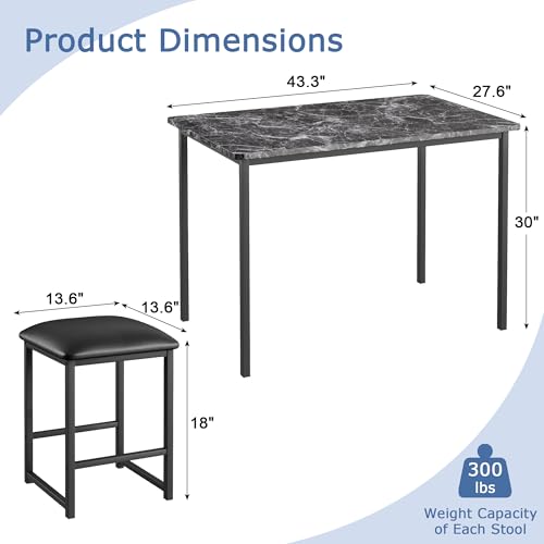 5-Piece Dining Table Set for 4, Marble Top Table with Faux Leather Stools