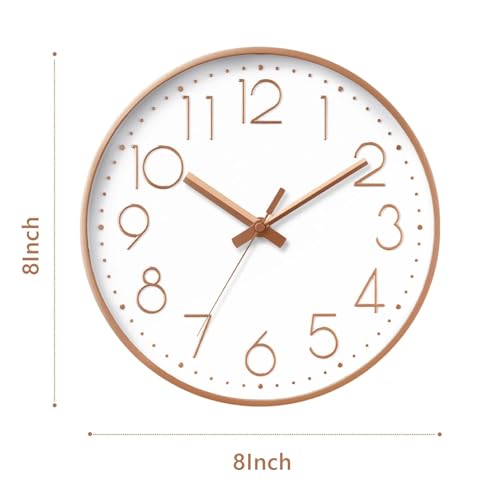 Silent Rose Gold Wall Clock 8 Inch - Non-Ticking Battery Operated