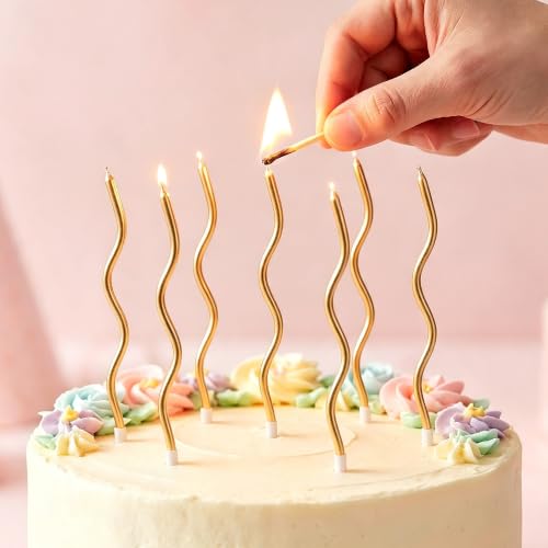 Gold Metallic Spiral Birthday Cake Candles with Holders - 24 Pack