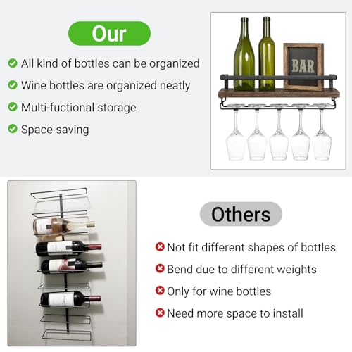 Wall Mounted Wine Rack Set of 2 - 17 Inch Rustic Wood Shelves with Glass Hanger