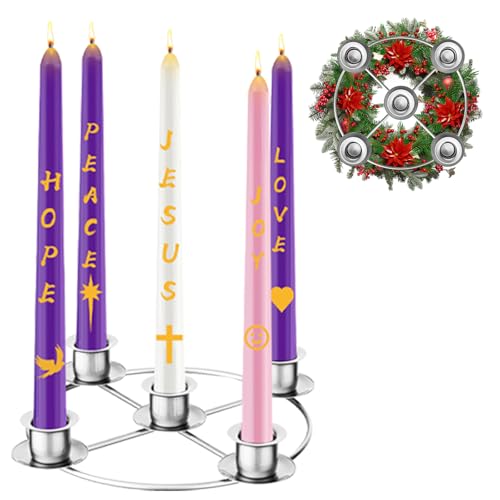 Advent Wreath Candle Holder Set with 5 Taper Candles - Silver Christmas Ring