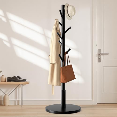 Freestanding Wooden Coat Rack with 8 Hooks & Adjustable Heights - Entryway & Bedroom Stand