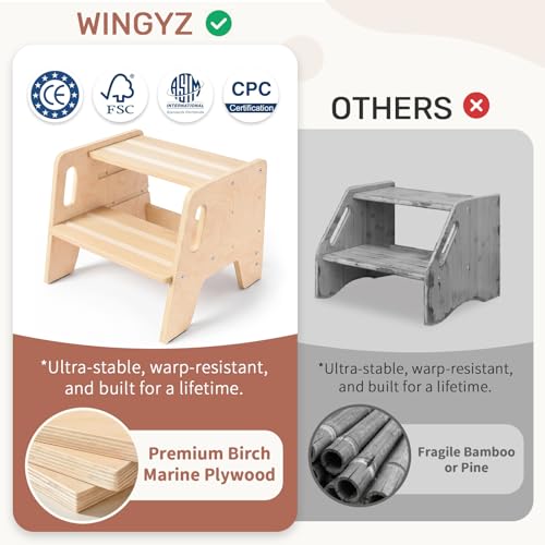 3-Height Adjustable Toddler Step Stool, Wooden Kids Kitchen Helper