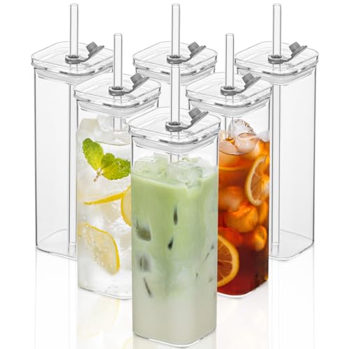KEMORELA Clear Square Drinkware Set - 6 Pcs, 17 oz Modern Glass Tumblers with Lids & Straws