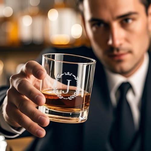 Personalized Monogram Whiskey Glass, Custom Engraved Bourbon Rocks Glass 10.6oz