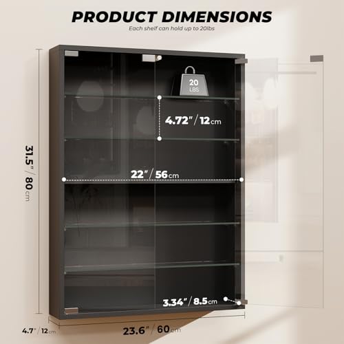 Aauro Home Black Wall Display Case with Glass Doors for Sports Cards & Collectibles