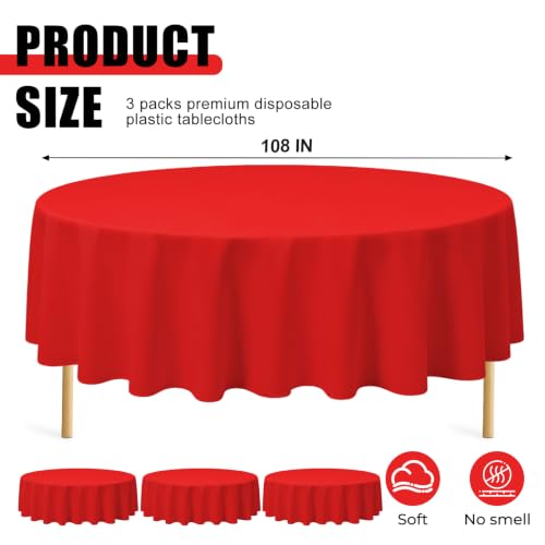 CC-SLZP 3 Pack Red Round Plastic Tablecloths 84 Inch Waterproof Disposable
