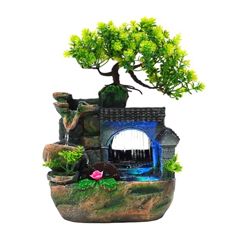 Tabletop Waterfall Fountain with LED Light & Faux Bonsai Tree - 11 Inch