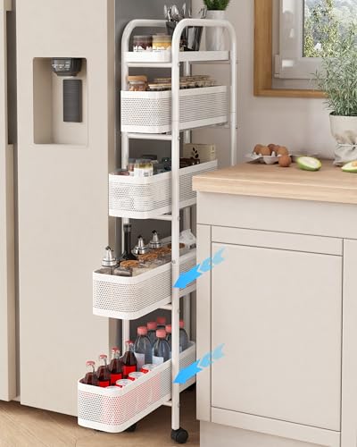 5-Tier Narrow Mobile Storage Cart with Pull-Out Baskets - 6.9-Inch Slim Rack