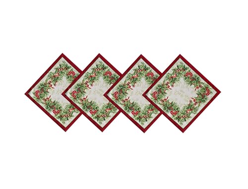 Newbridge Holly Ribbon Traditions 17" x 17" Set of 4 Bordered Fabric Napkins