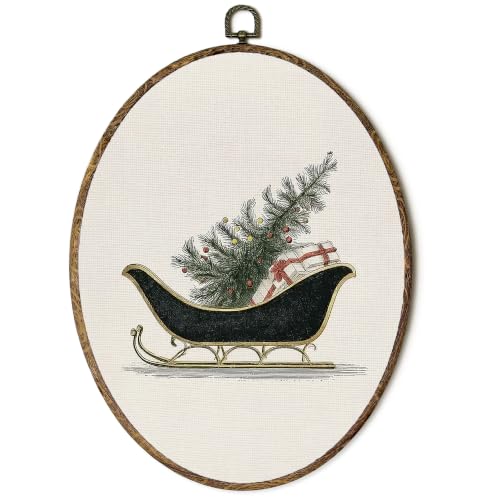 OINDADE Vintage Winter Holiday Christmas Sleigh Oval Wall Art – Tree Variation