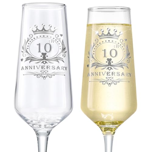 10th Anniversary Champagne Flutes Set of 2 - Elegant Hand-Blown Crystal Glasses, 7 OZ