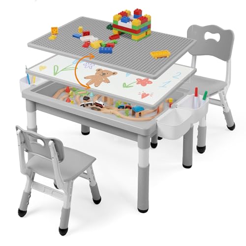 Kids Table and Chairs Set with Storage - Grey, Adjustable Height, 2 Chairs + 1 Table