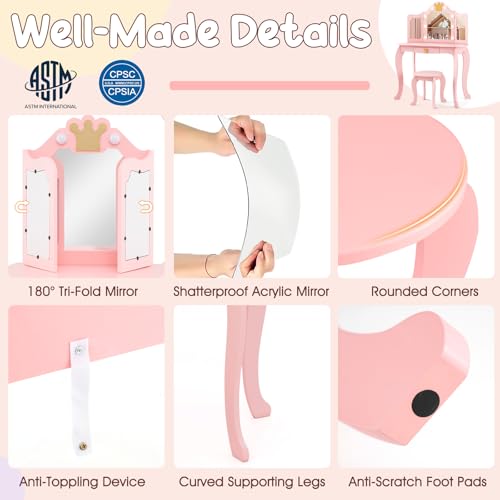 Kids Vanity Set with Mirror and Stool, Lighted Makeup Table for Girls