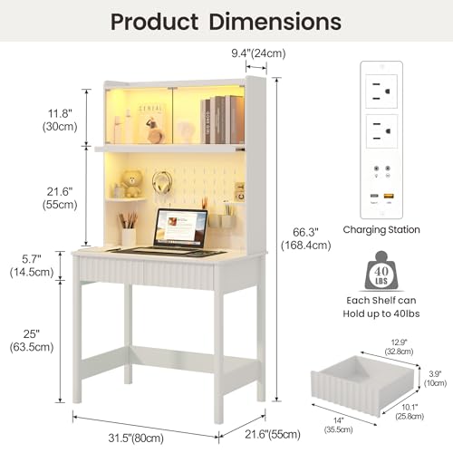 31.5-inch Compact Computer Desk with Hutch, LED Lamp and Charging Station