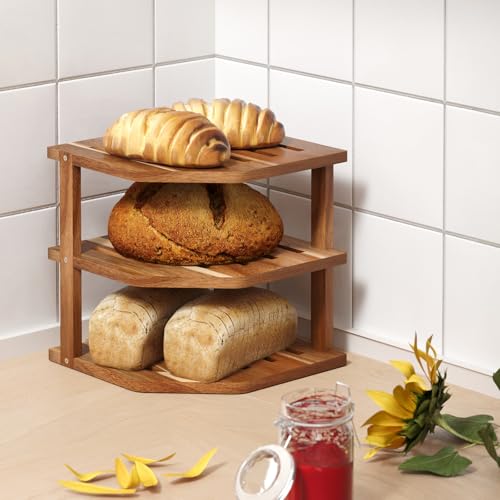 3-Tier Acacia Wood Corner Shelf for Kitchen Countertop and Cabinet Storage