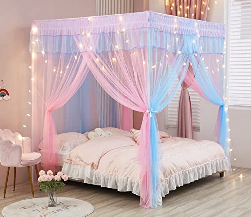 Rainbow Canopy Bed Curtains with Lights - Princess Bed Netting, Full Size