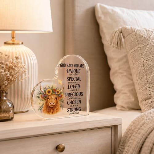 Christian Highland Cow Decor Gift for Women - Rustic Faith Message Plaque