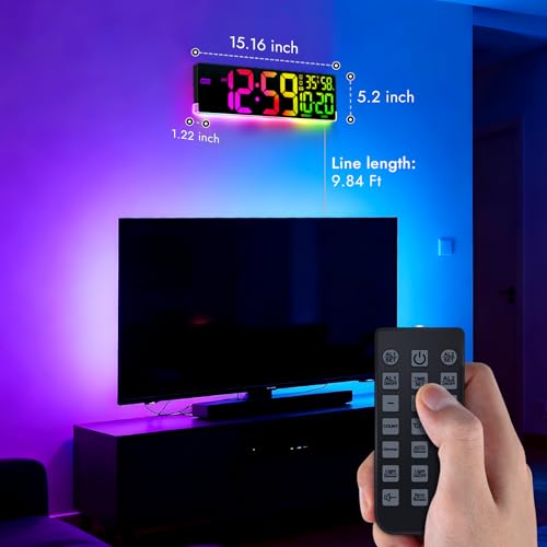 16.5" Large LED Digital Wall Clock with RGB Backlight, Remote & Temp Display
