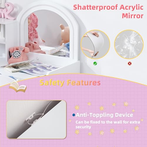 Kids Vanity Set with Lighted Mirror, Drawer, and Stool - White