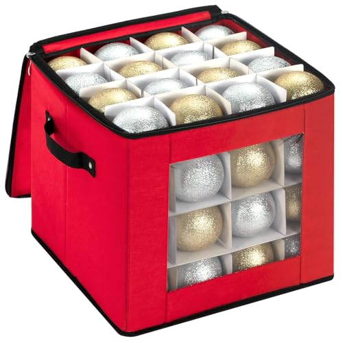 Christmas Ornament Storage Box Holds 64 Holiday Decorations Red with Adjustable Dividers