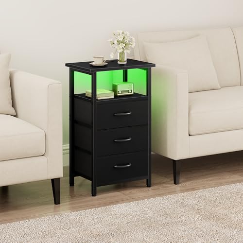 Set of 2 LED Nightstands with Charging Station, 3-Drawer Bedside Side Table
