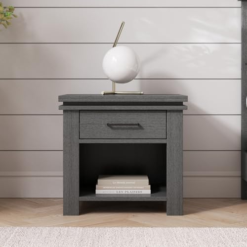 25-Inch Nursery Nightstand with Drawer and Open Shelf, Midnight Gray