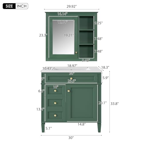 30-Inch Single Sink Bathroom Vanity Set with Mirror Cabinet and Drawers