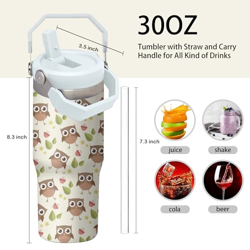 30oz Owl Tumbler with Handle and Flip Straw – Stainless Steel Insulated Cup, Gift for Women