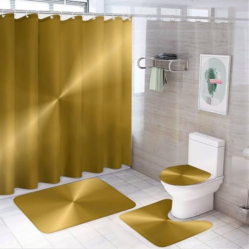 Gold Metallic 4-Piece Bathroom Shower Curtain Set with Non-Slip Rugs