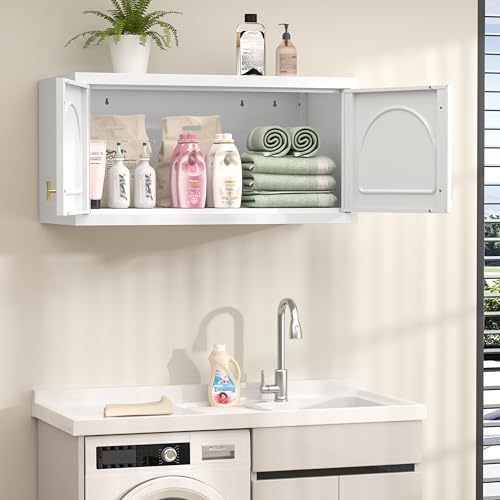 32" White Metal Wall Cabinet with 2 Doors & Gold Handle - Industrial Storage