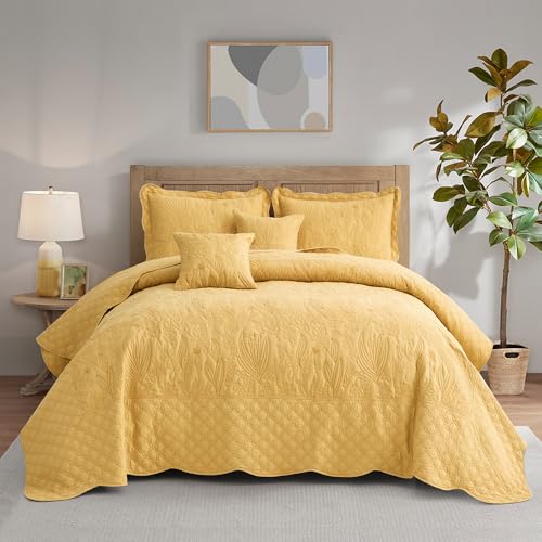 Botanical Oversized Bedspread Queen Size - Reversible Leaves Quilt Set