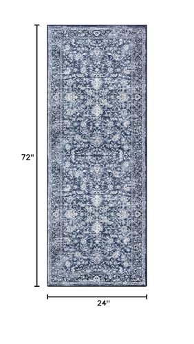 2x6 Floral Washable Runner Rug, Non-Slip Navy Blue Kitchen Hallway Carpet