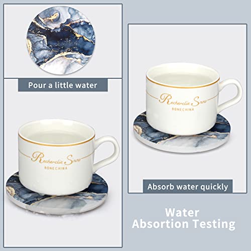 Navy Blue Marble Ceramic Coasters Set of 6 with Gold Metal Holder - Absorbent & Non-Slip