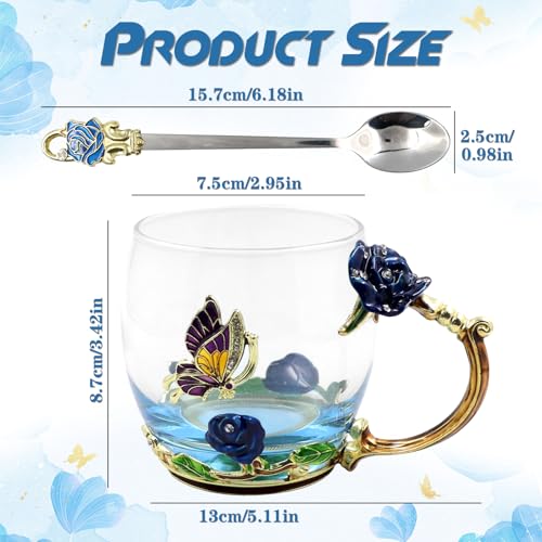 VANUODA Blue Enamel Butterfly Flower Tea Cup - 12oz Glass Coffee Mug for Women & Gifts