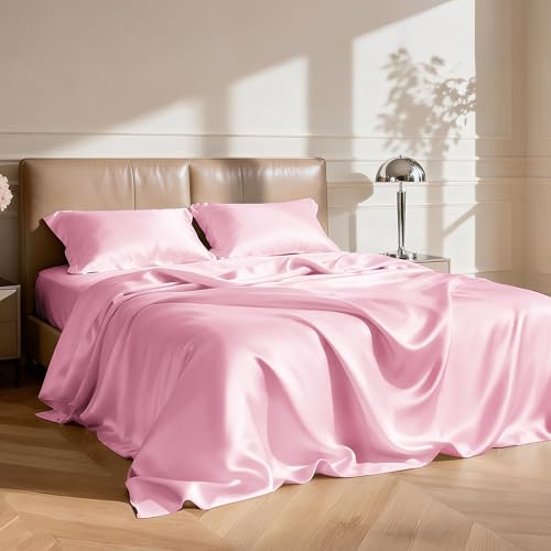 Love's Cabin Queen Satin Sheet Set - 4-Piece Pink Silky Bed Sheets