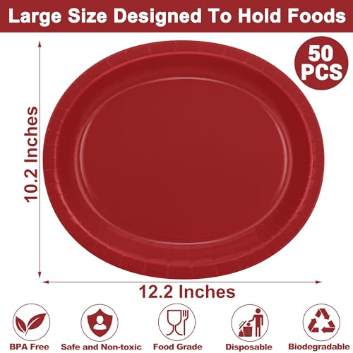 Red Paper Plates 50 Count 12.2 x 10.2 Inch Heavy-Duty Disposable Dinnerware - Perfect for Parties & Events
