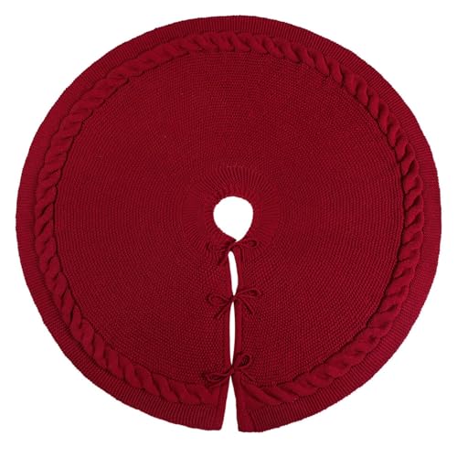 48-Inch Cable Knit Christmas Tree Skirt - Wine Red Rustic Farmhouse Decor