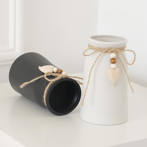 6-Inch White Ceramic Vase with Jute Rope & Heart Charm for Boho Decor