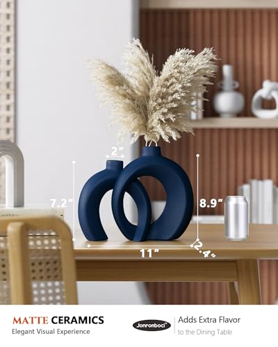 Matte Navy Blue Ceramic Donut Vases, Set of 2 - Modern Coastal Decor