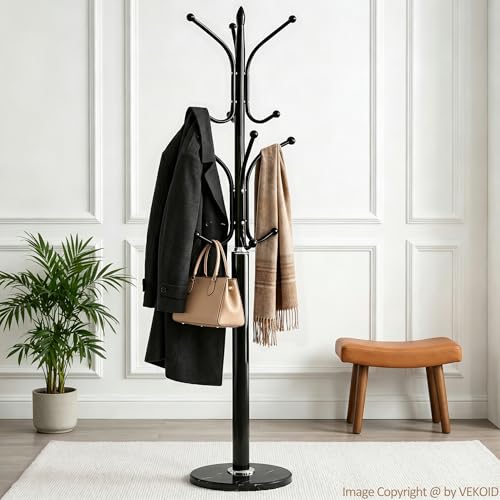 Freestanding Metal Coat Rack with Marble Base - 12 Hooks, Black