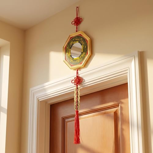 Feng Shui Bagua Mirror Set with Five Emperor Coins & Brass Wu Lou - Outdoor Home Protection & Wealth