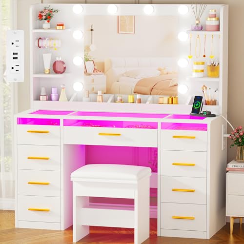 Large Vanity Desk with Mirror, RGB LED Lights, Glass Top and 9 Drawers