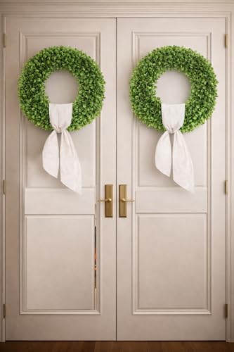 20-Inch Artificial Boxwood Wreath for Front Door with White Sash