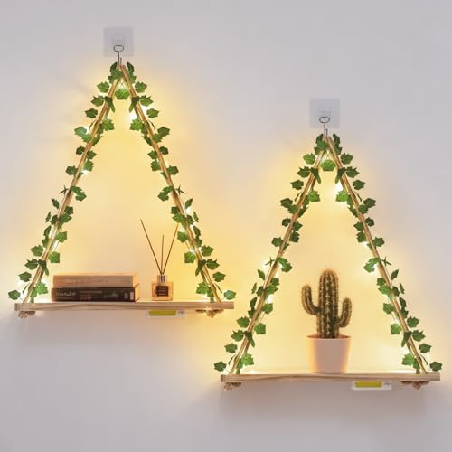 2-Piece Macrame Floating Wall Shelves with LED Lights and Artificial Ivy